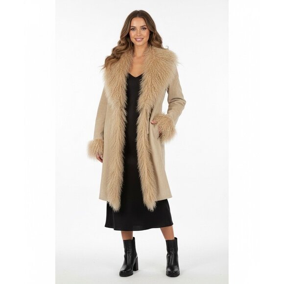 Vtg Y2K Raffaelo Beige Leather Penny Lane Afghan Shearling Coat | Cottagecore XL - Picture 2 of 9